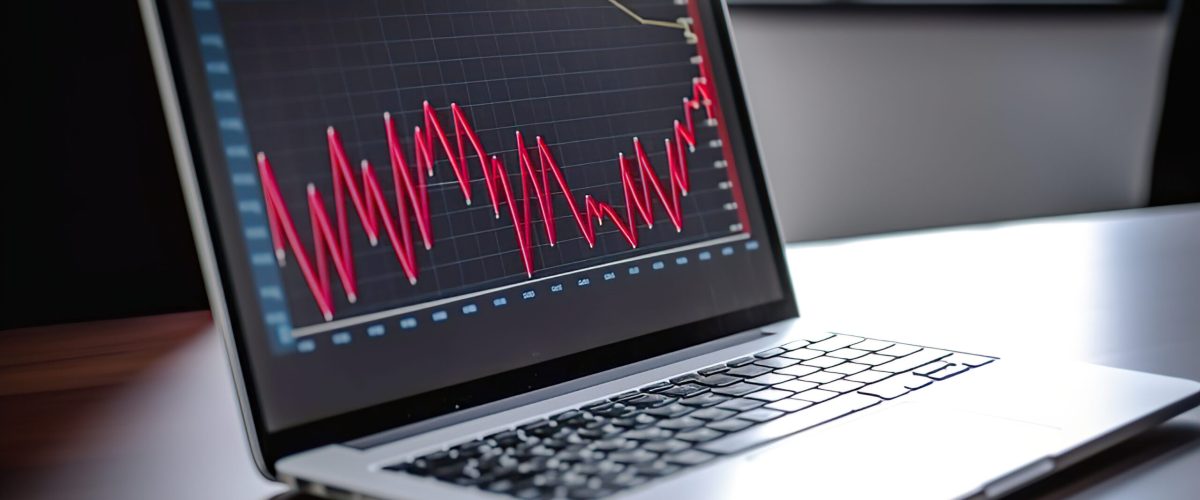 Abstract creative financial graph on modern laptop screen, forex and investment concept, monochrome